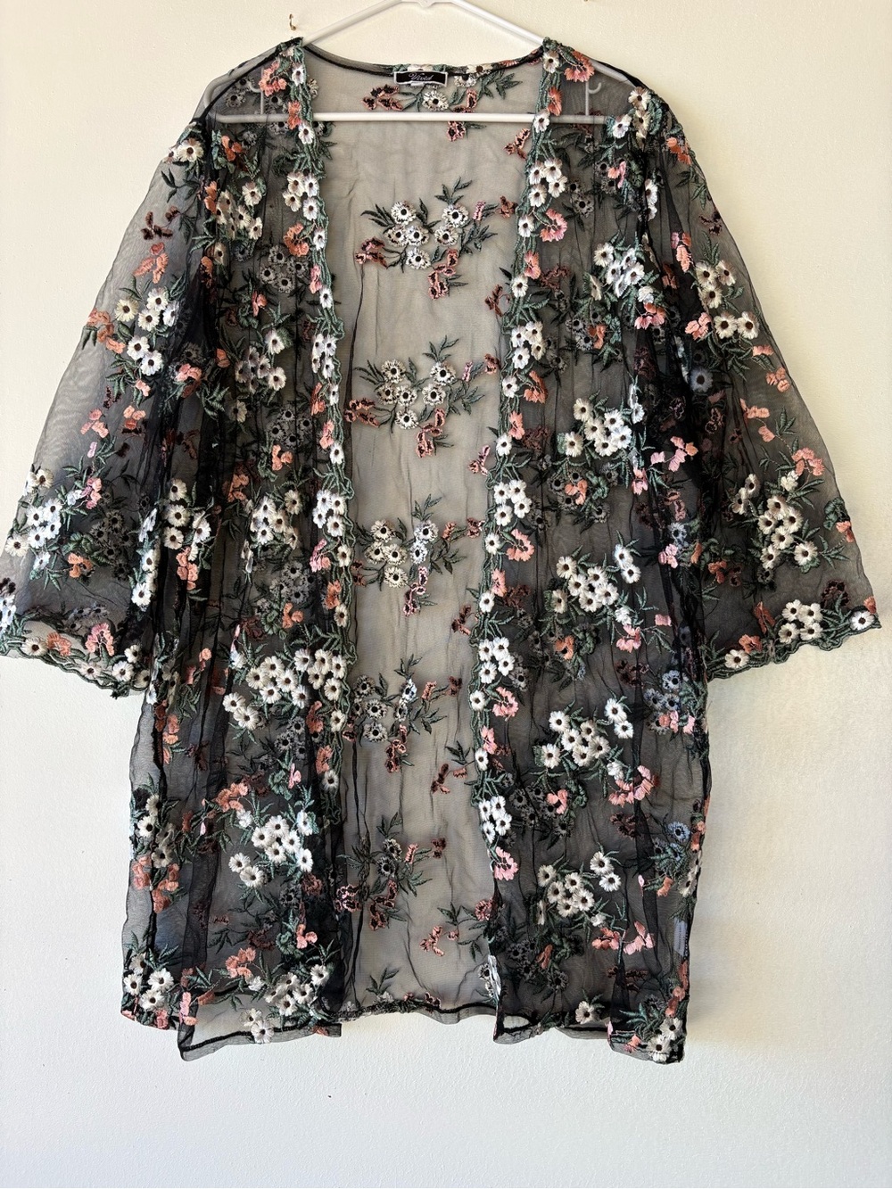ViVI Black Sheer Floral Embroidered Kimono with Cream and Pink Accents